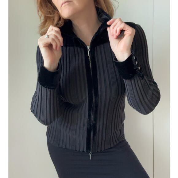 Y2K KNit Zipper Cardigan Velvet Collar Size large Dark Gothic Grunge Vampire - Picture 1 of 11